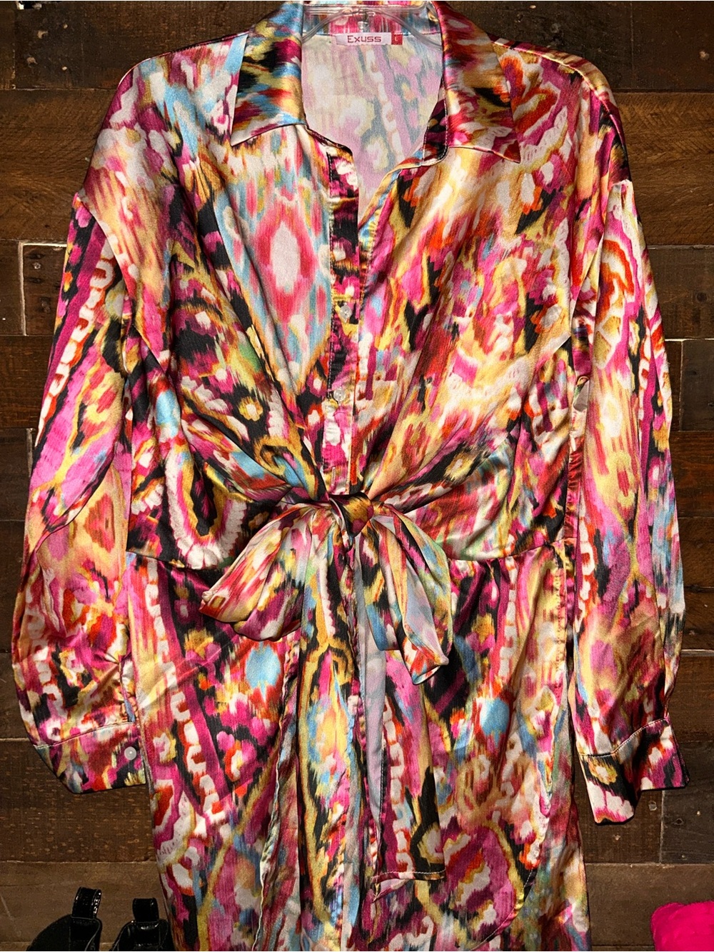 Long Sleeve Tie-Front Blouse Dress in Multicolor Ikat